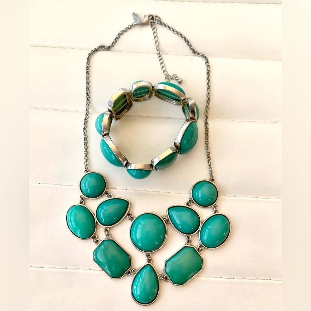 Aqua and Silver Statement Necklace and Bracelet